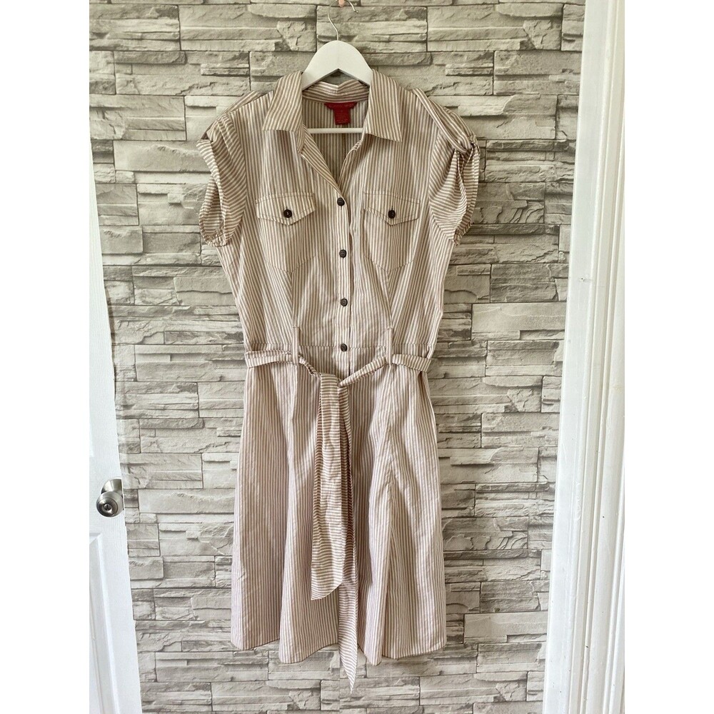 Sunny Leigh Summer Beach Striped Collared Maxi Dress Button Down Tie Front 10